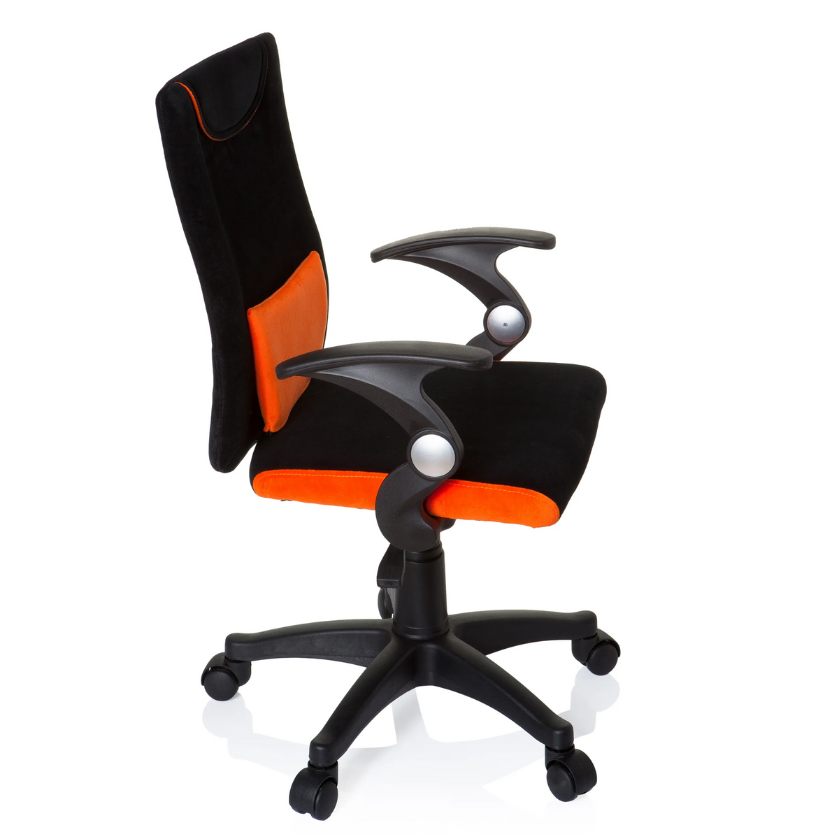 Sedia girevole per bambini KIDDY PRO AL nero-arancione con cuscino lombare e base a cinque ruote di hjh OFFICE – vista a 360° (profilo laterale 80°)