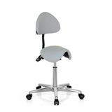 Sgabello a sella TOP WORK 20 grigio con schienale e base a cinque ruote di hjh OFFICE – vista a 360° (vista frontale a tre quarti 40°)