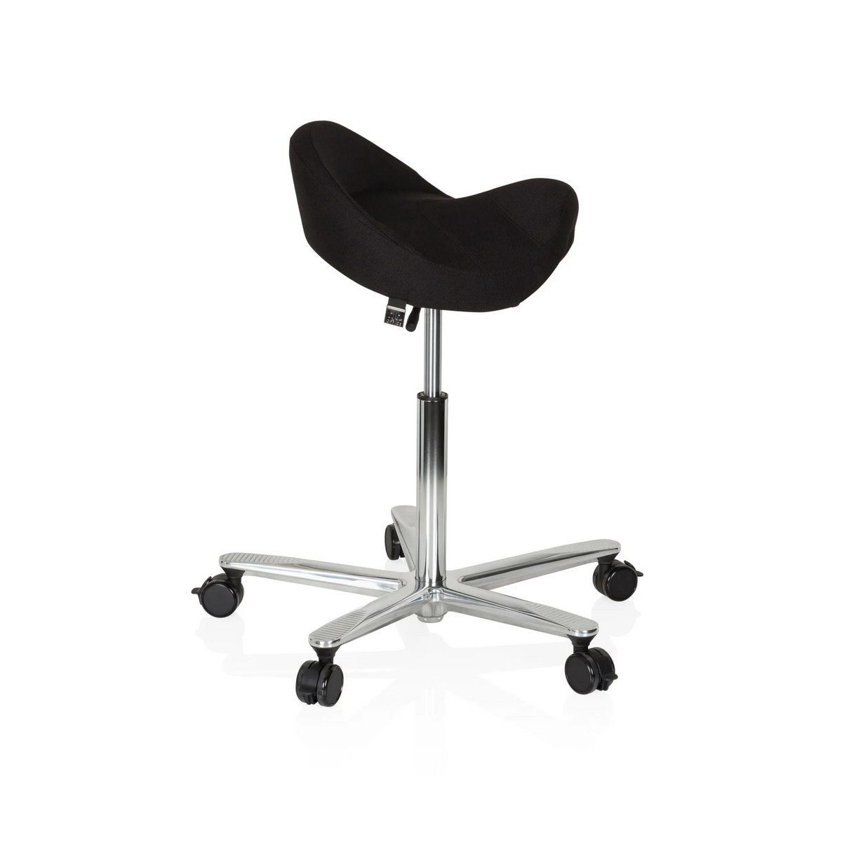 Sgabello a sella MOVE-TEC 3D PRO I nero con base a cinque ruote di hjh OFFICE – vista a 360° (profilo laterale 80°)