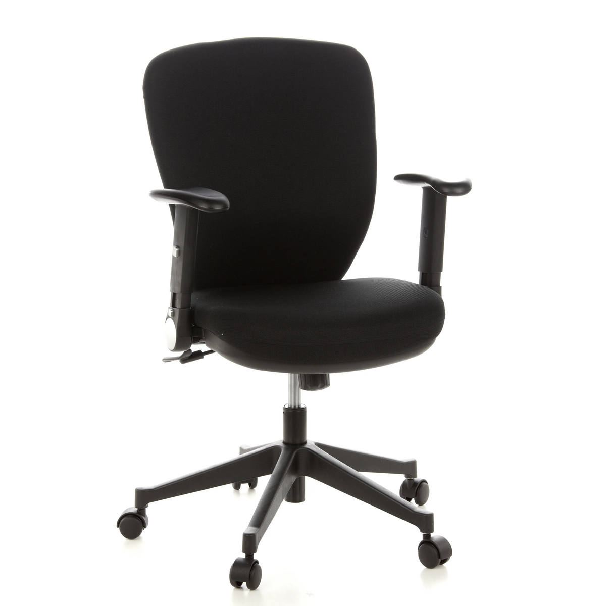 Sedia da ufficio professionale TRAFFIC 20 nera con braccioli e base a cinque ruote di hjh OFFICE – vista a 360° (vista frontale 20°)