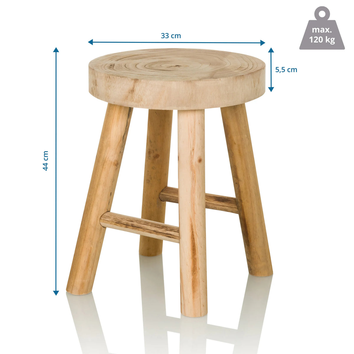 Vista dimensionale dello sgabello RUSTIKO W con altezza 44 cm e diametro 33 cm di hjh LIVING