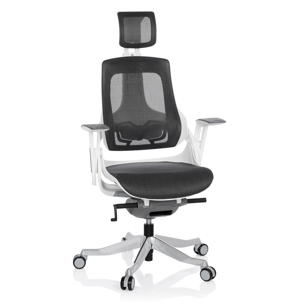 Sedia da ufficio professionale SPEKTRE grigia con schienale in rete e base a cinque ruote di hjh OFFICE – vista a 360° (vista frontale 20°)