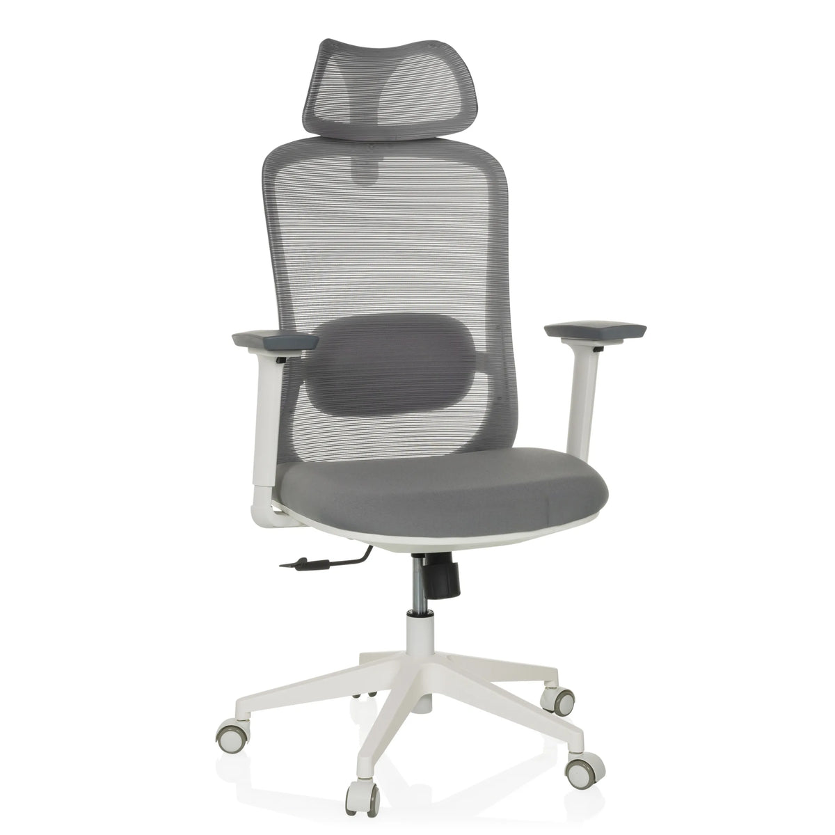 Sedia da ufficio professionale MIKEO G grigia con schienale in rete, poggiatesta e base a cinque ruote di hjh OFFICE – vista a 360° (vista frontale 15°)