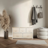 Cassettiera beige FOLDAR con cinque cassetti in tessuto e struttura bianca di hjh LIVING