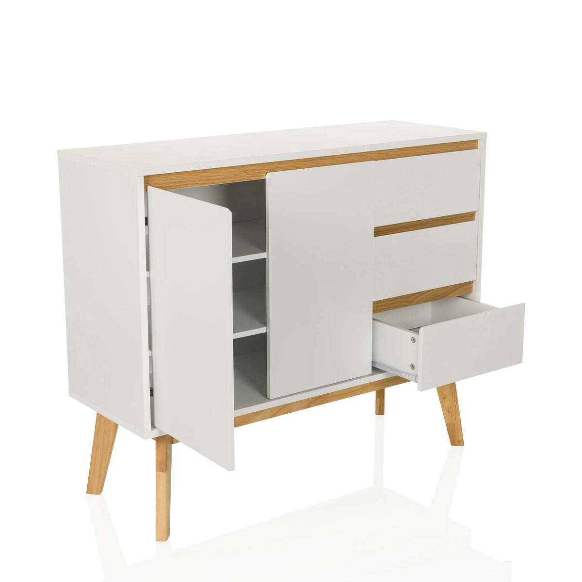 Madia bianca TAROLO I con un'anta aperta e un cassetto su piedi in legno di hjh LIVING