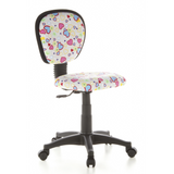 Kinderdrehstuhl KIDDY TOP mit buntem Herz- und Blumenmuster sowie Fußkreuz mit fünf Rollen von hjh OFFICE – 360-Grad-Ansicht (schräge Frontansicht 40°)