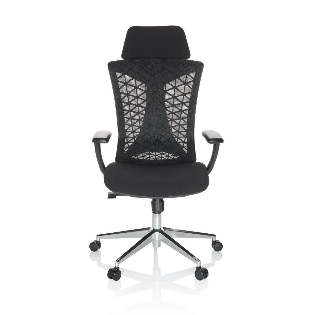 Sedia da ufficio professionale FALEO B nera con schienale in rete e base a cinque ruote di hjh OFFICE – vista a 360° (vista frontale 0°)