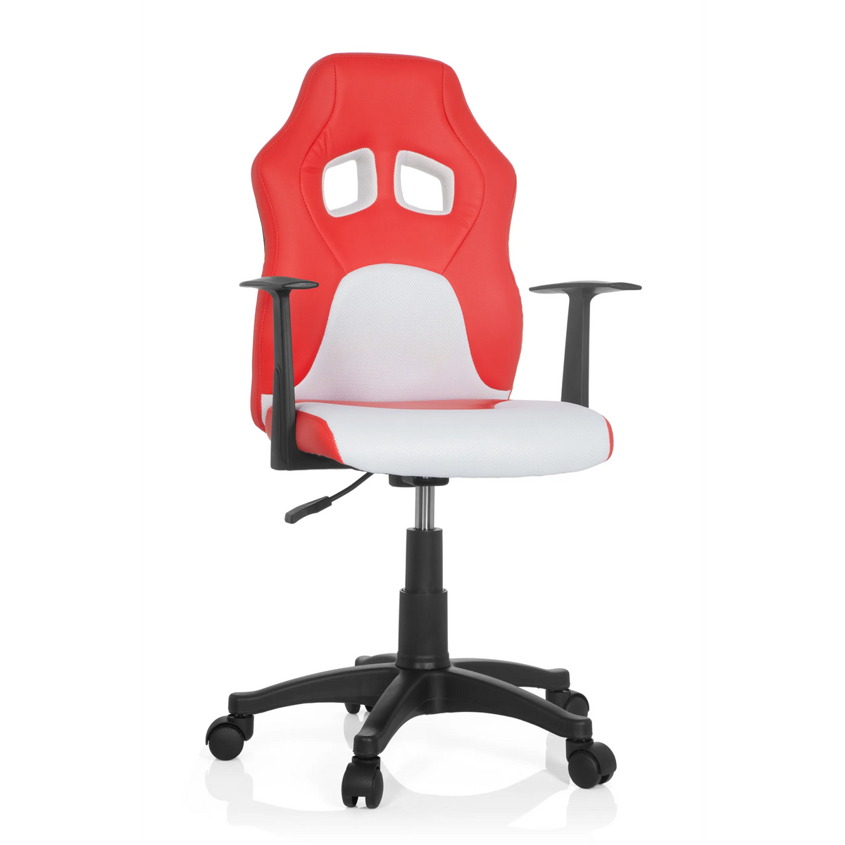 Sedia girevole per bambini TEEN GAME AL rossa e bianca con braccioli e base nera a cinque ruote di hjh OFFICE – vista a 360° (vista frontale 20°)