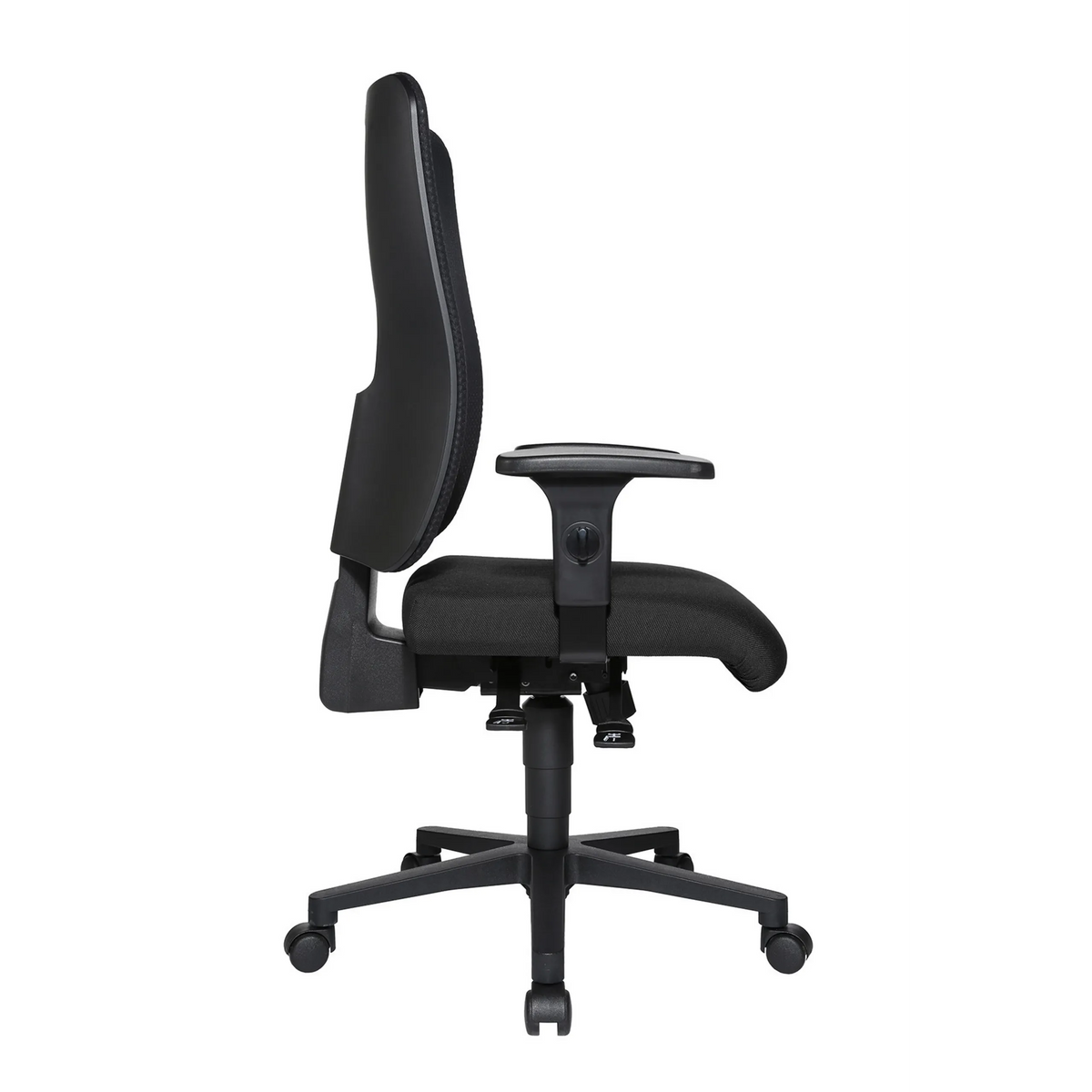 Sedia da ufficio professionale HJH WORK PRO nera con schienale in rete e base a cinque ruote di Topstar – vista a 360° (vista posteriore a tre quarti 120°)