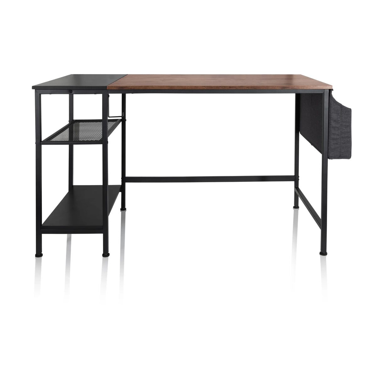 Scrivania WORKSPACE H I in nero e marrone con due ripiani e una borsa in tessuto laterale di hjh OFFICE – vista a 360° (vista frontale 0°)