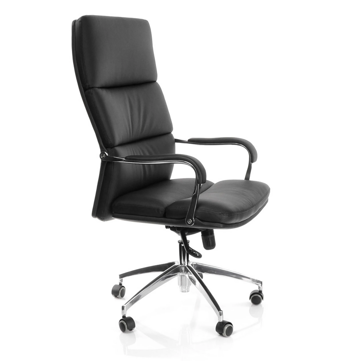 Poltrona professionale BRUNELLO 20 nera con braccioli e base a cinque ruote di hjh OFFICE – vista a 360° (vista frontale a tre quarti 60°)