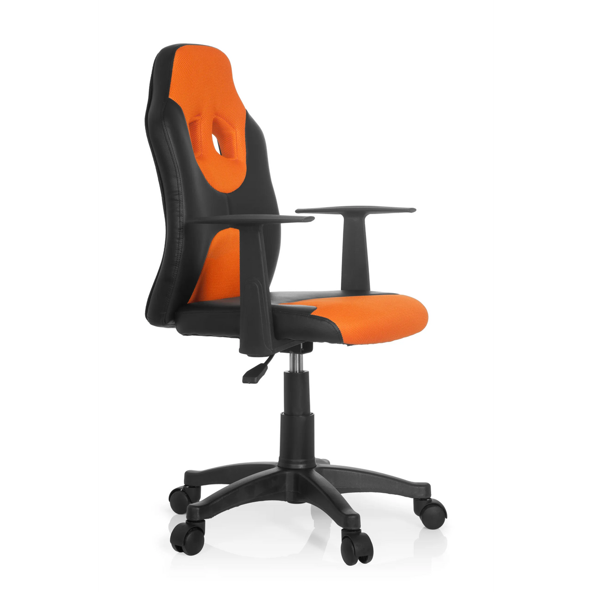 Sedia girevole per bambini KID GAME AL nero-arancione con schienale in rete e base a cinque ruote di hjh OFFICE – vista a 360° (vista frontale a tre quarti 60°)