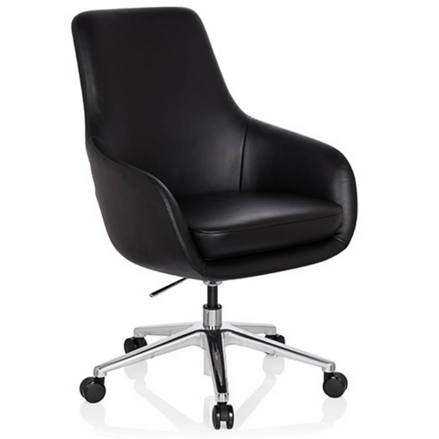 Poltrona professionale BARENO con rivestimento in pelle nera e base a stella cromata su ruote di hjh OFFICE