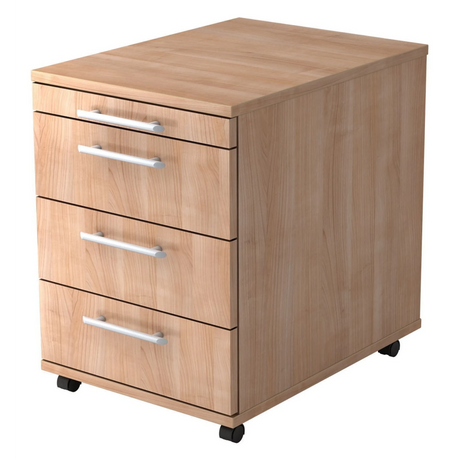 Cassettiera su ruote BARI 1606 in legno chiaro con quattro cassetti e maniglie a barra argentate di hjh OFFICE PRO