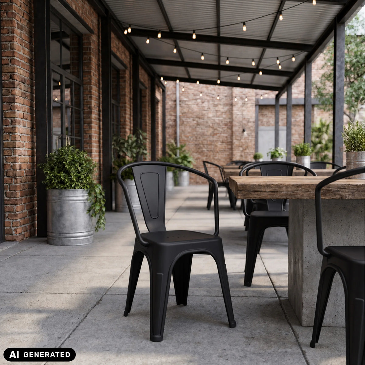 Sedie bistro nere Vantaggio Poly a un tavolo di legno all'aperto di hjh OFFICE (immagine generata dall’IA)