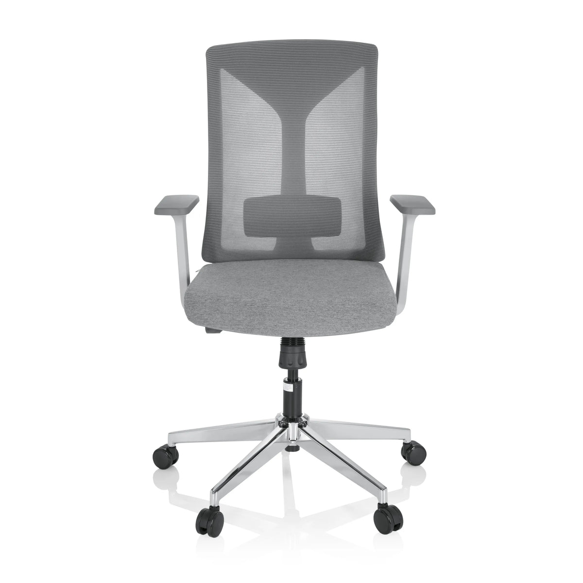 Sedia da ufficio professionale HALIFAX grigia con schienale in rete e base a cinque ruote di hjh OFFICE – vista a 360° (vista frontale 0°)