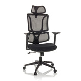 Sedia Home Office ERGOMY nera con schienale in rete e base a cinque ruote di MyBuero – vista a 360° (vista frontale 15°)