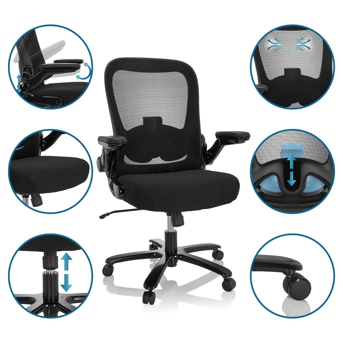 Sedia girevole XXL INSTRUCTOR SW I in nero con schienale in rete e diverse possibilità di regolazione di hjh OFFICE
