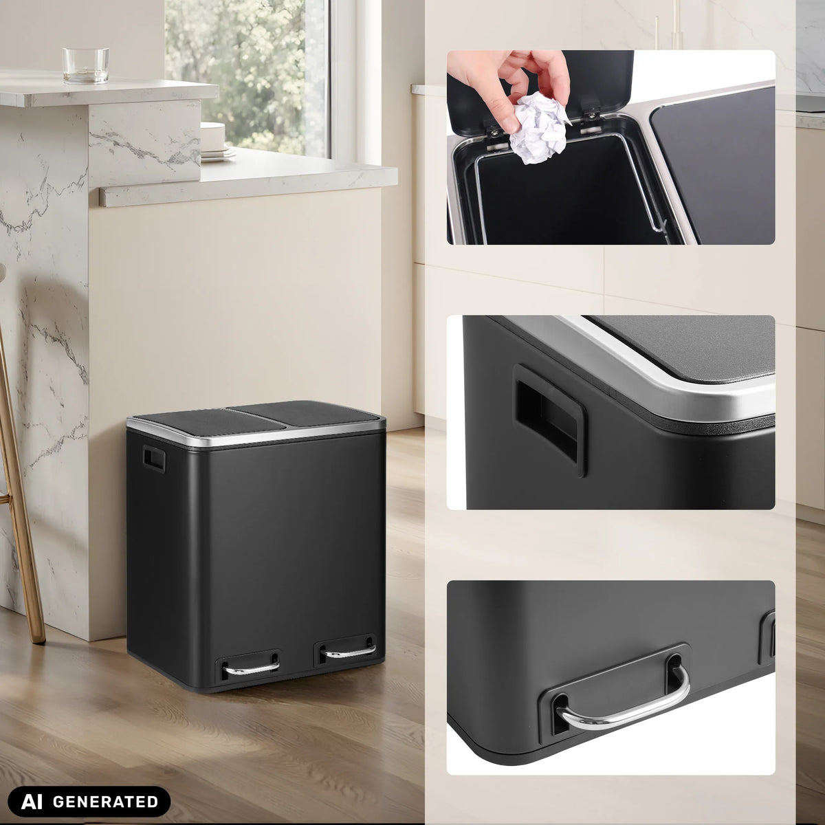 Cestino Clean 9 in nero con due scomparti e maniglie di hjh OFFICE (immagine generata dall’IA)