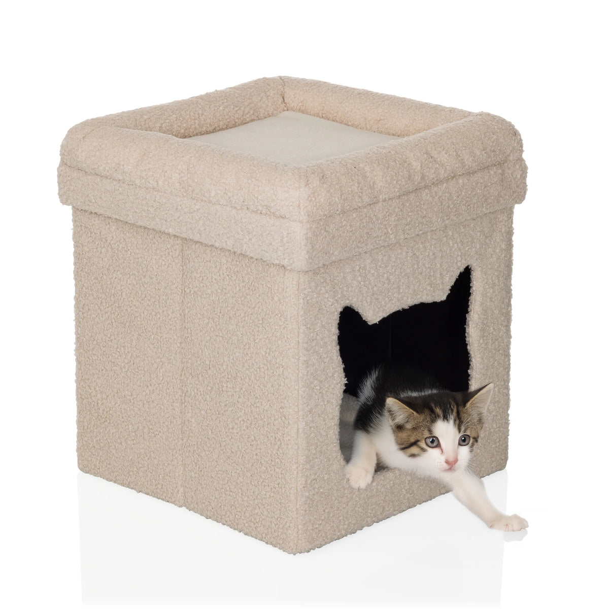 Cuccia per gatto PAWY ES beige con rivestimento in peluche morbido e un piccolo gattino all'interno di hjh LIVING