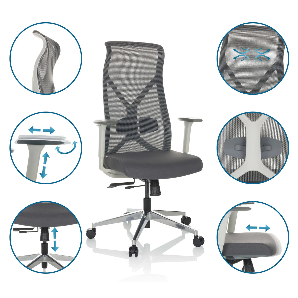 Sedia da ufficio professionale AZURRO WHITE in grigio con diverse viste dettagliate delle opzioni di regolazione di hjh OFFICE