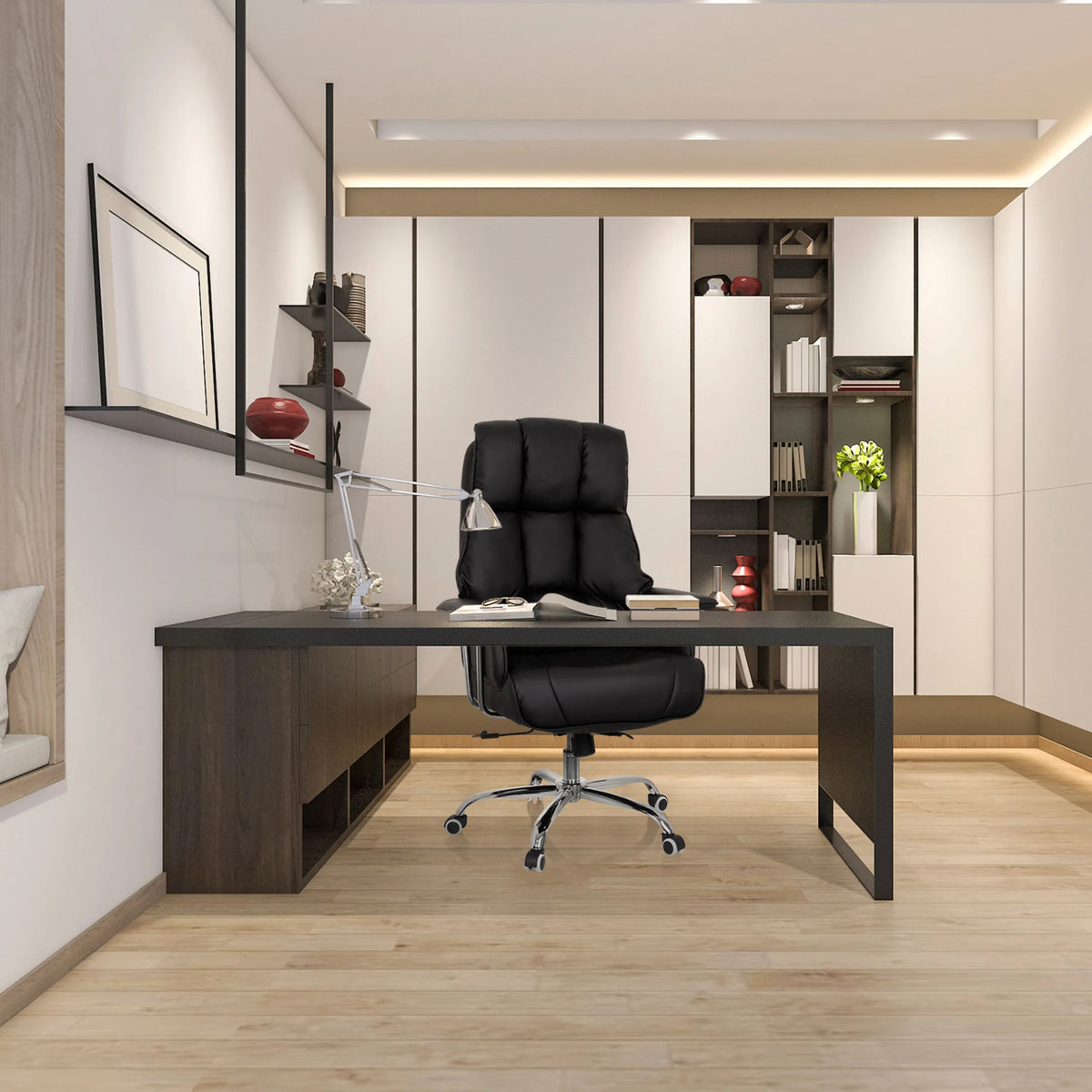 Poltrona professionale COMMANDER nera con imbottitura trapuntata e base a stella con ruote di hjh OFFICE