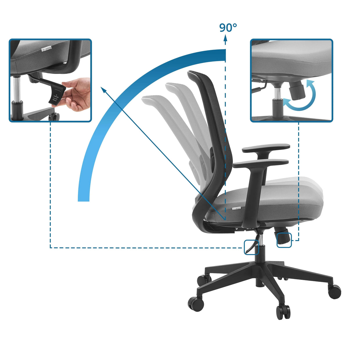 Schienale reclinabile a 90 gradi e regolazione dell'altezza della Sedia Home Office Sedito di hjh OFFICE