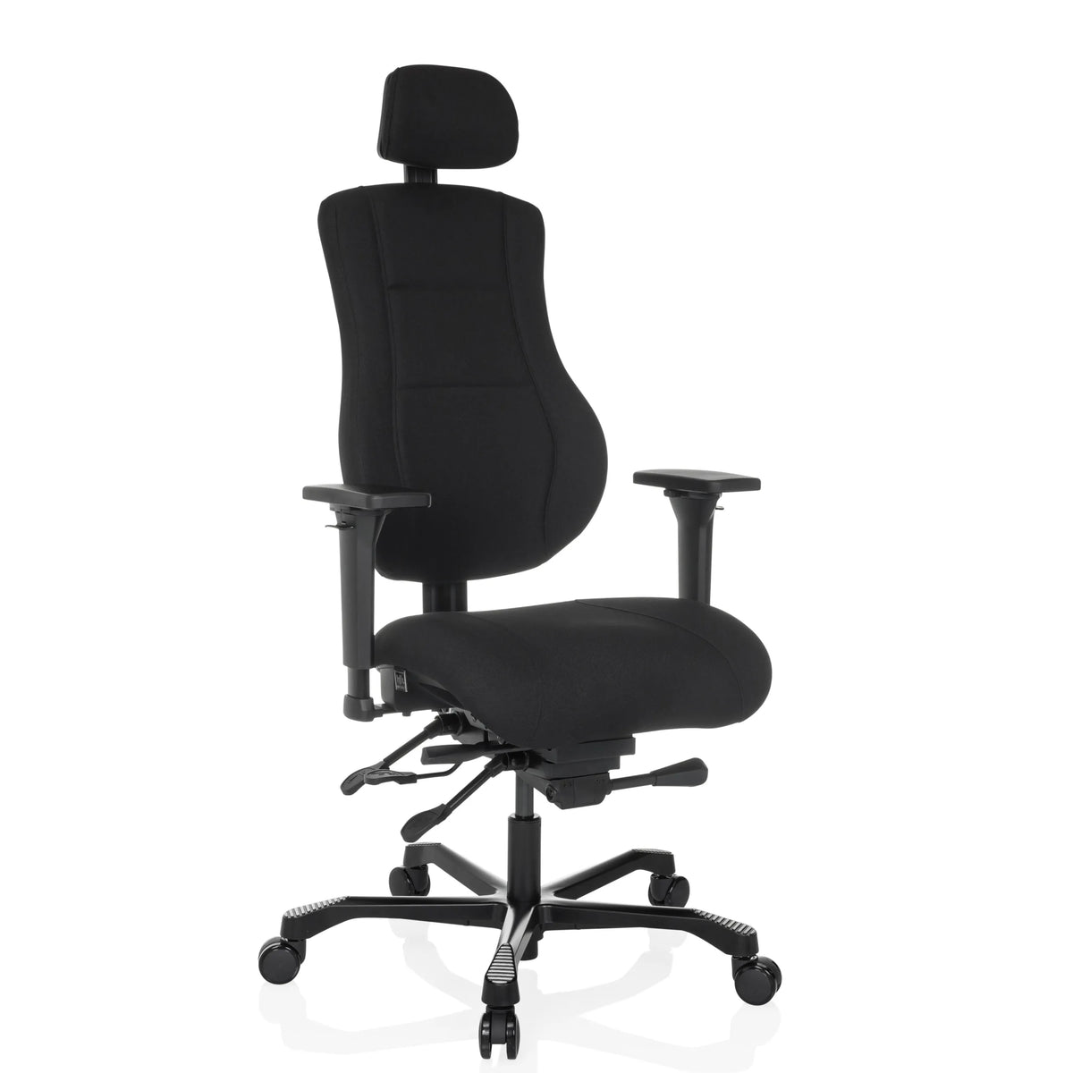 Sedia girevole XXL 24 HOURS BASIC nera con poggiatesta e base a cinque ruote di hjh OFFICE – vista a 360° (vista frontale a tre quarti 30°)