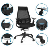 Sedia da ufficio professionale GENIDIA SMART BLACK nera con schienale in rete, braccioli regolabili e rotelle di hjh OFFICE