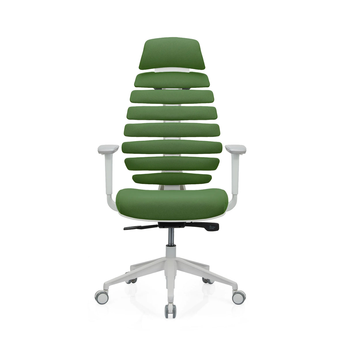 Sedia da ufficio professionale ERGO LINE W verde con schienale segmentato e base bianca a cinque ruote di hjh OFFICE – vista a 360° (vista frontale 0°)