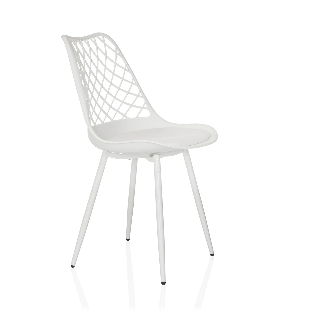 Sedia da esterno bianca BEGIO S con schienale a griglia e quattro gambe di hjh LIVING – vista a 360° (vista frontale a tre quarti 60°)