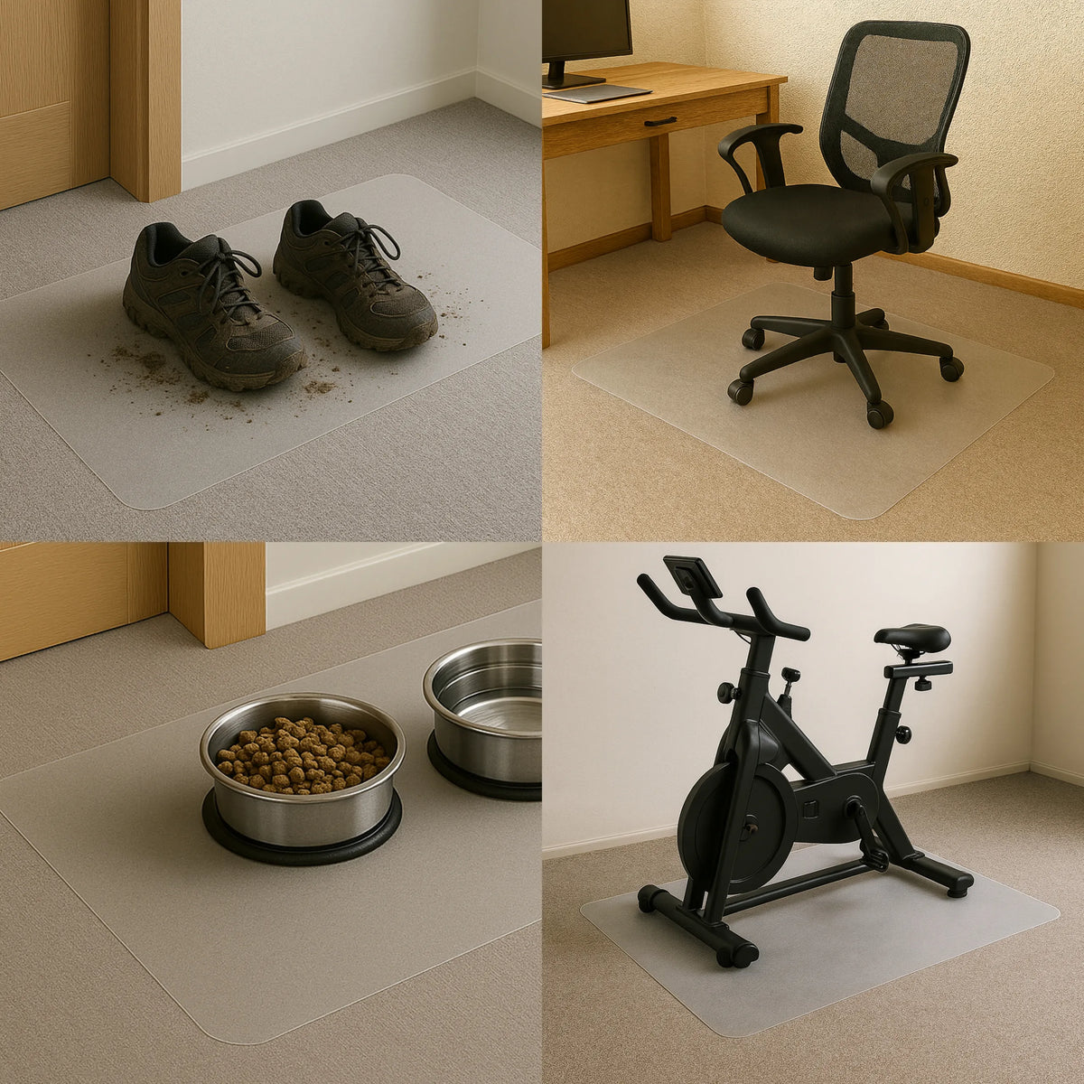 Tappetino ULTIMAT II in policarbonato trasparente in diversi scenari di utilizzo su moquette di Floortex