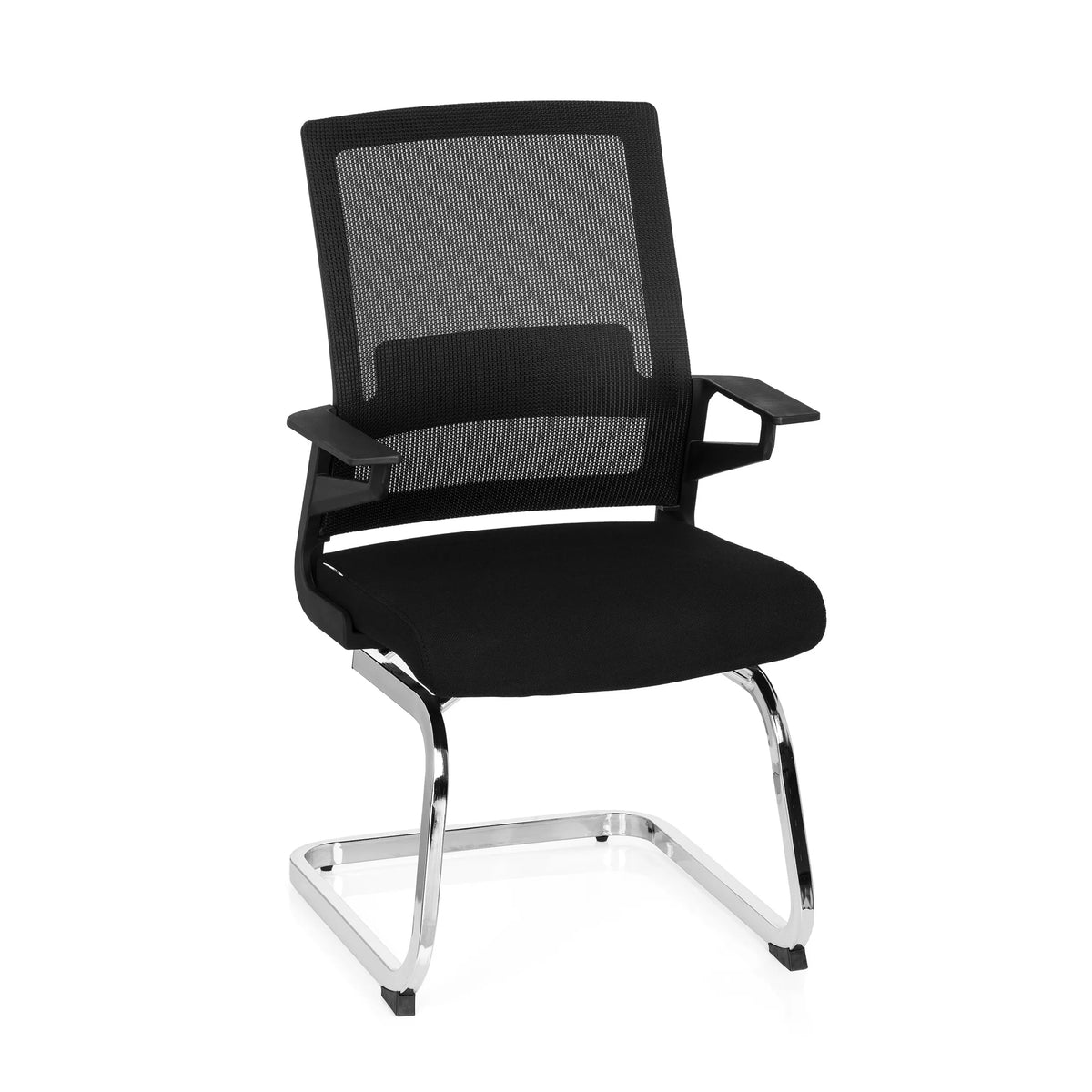 Sedia a sbalzo INVENTOR V nera con schienale in rete, braccioli e base a slitta di hjh OFFICE – vista a 360° (vista frontale 20°)