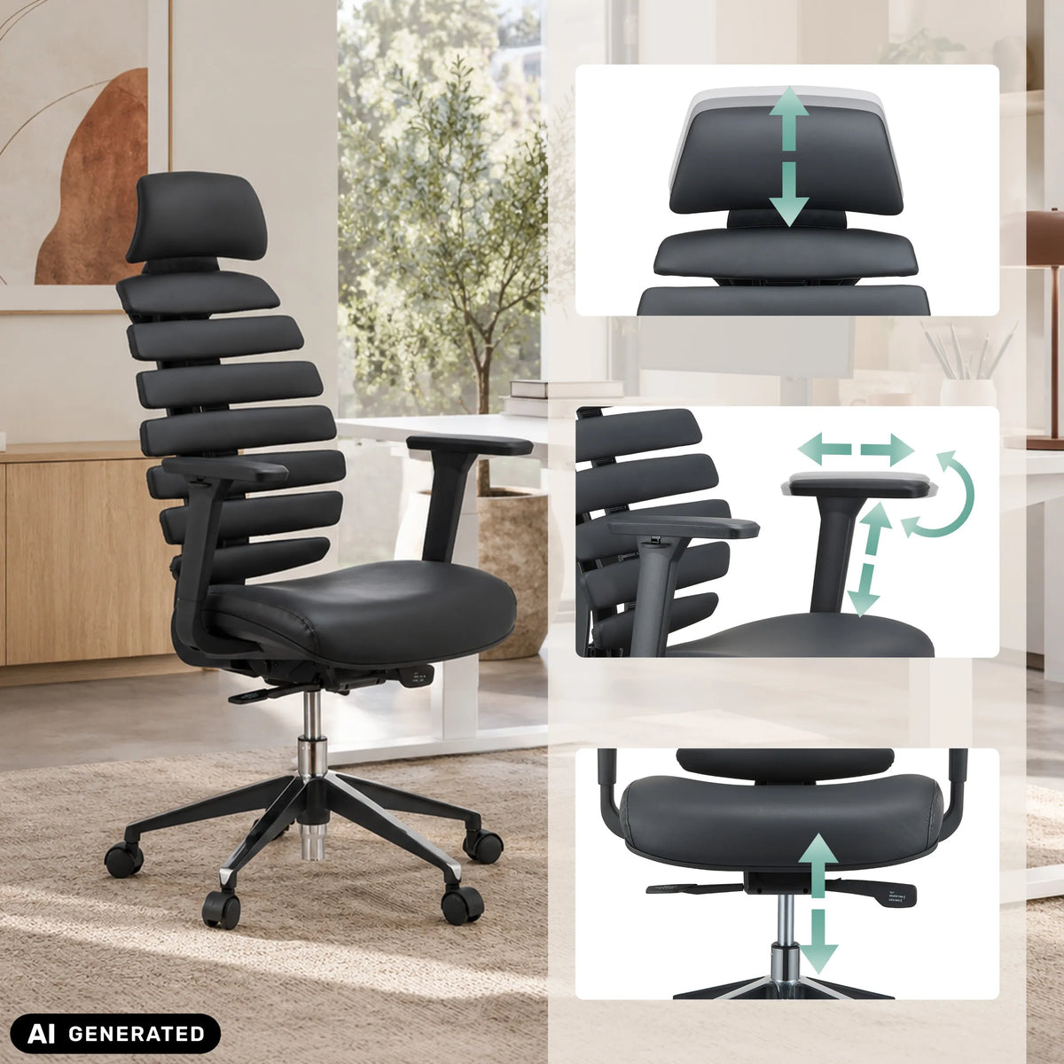 Poggiatesta, braccioli e altezza del sedile regolabili della sedia da ufficio professionale ERGO LINE II PRO in nero di hjh OFFICE