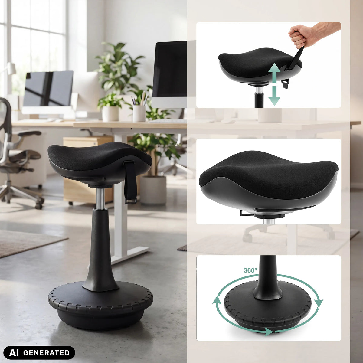 Seduta regolabile e base girevole a 360° dell'ausilio per la posizione eretta Balance Sit Ergo di hjh OFFICE (immagine generata dall’IA)