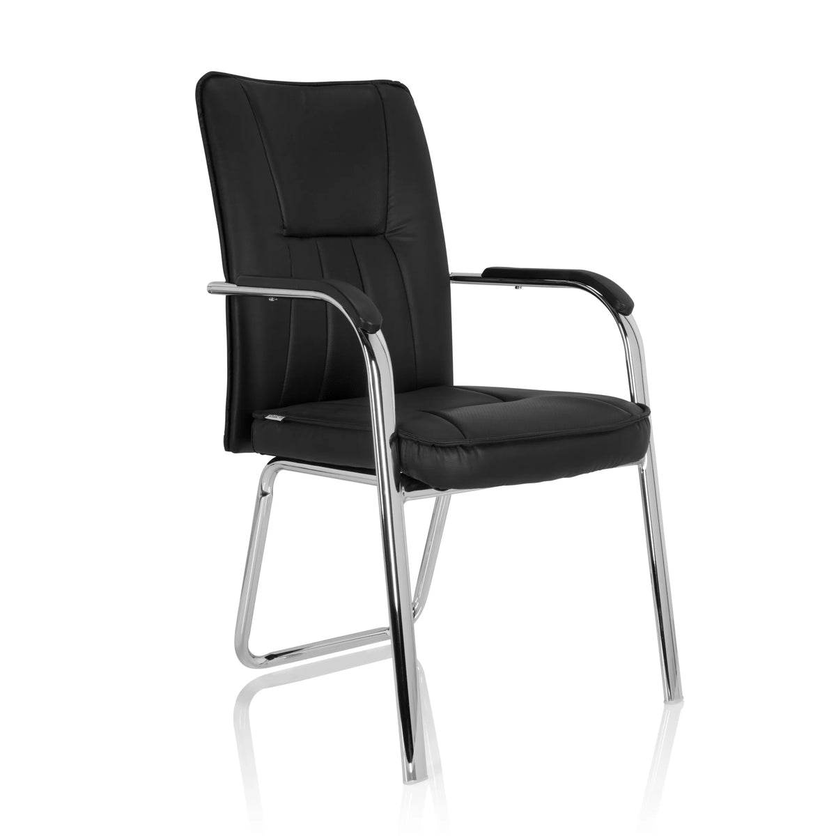 Sedia visitatore nera BANDA V con braccioli e struttura a slitta di hjh OFFICE – vista a 360° (vista frontale a tre quarti 40°)