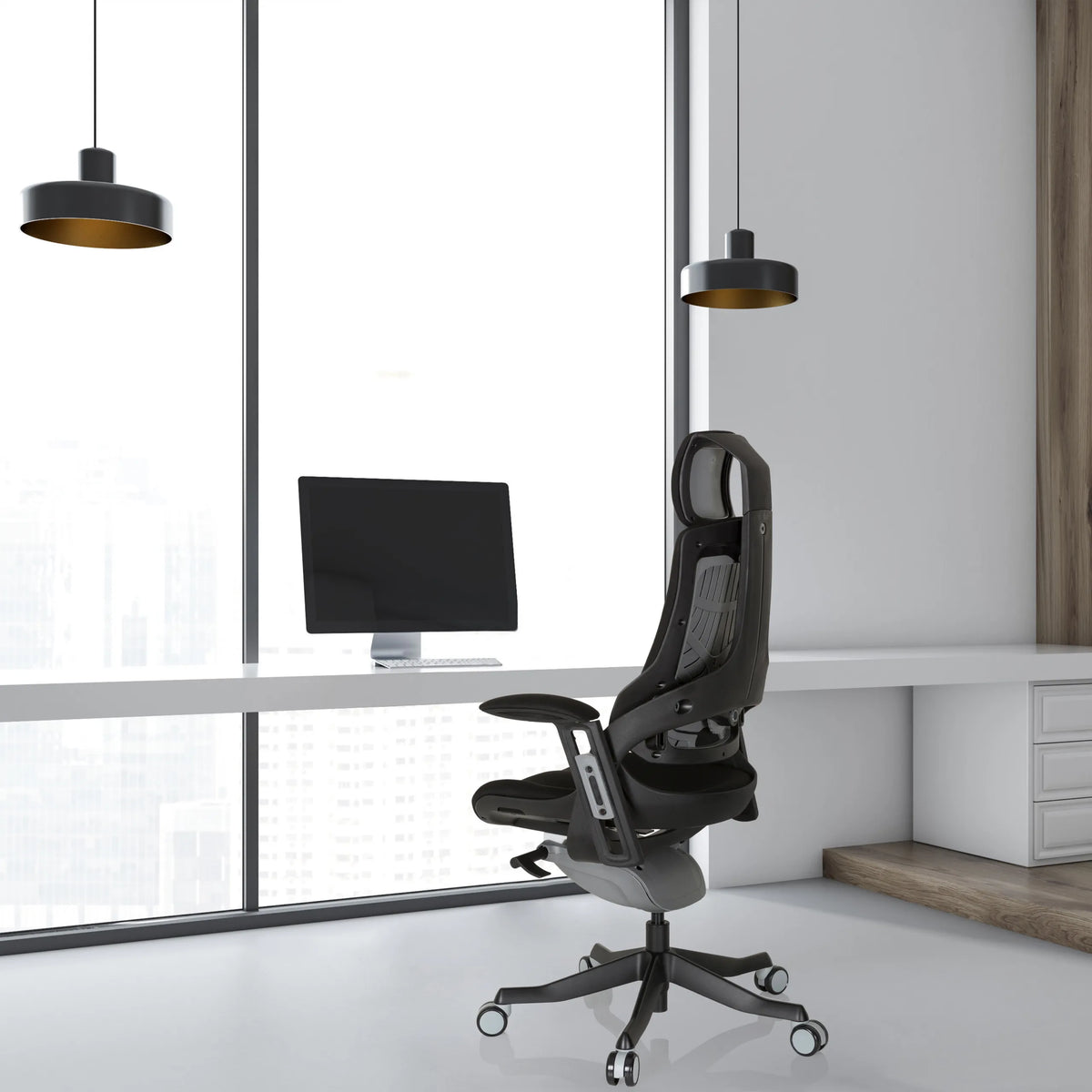 Sedia da ufficio professionale SPEKTRE BLACK nera con schienale in rete e rivestimento in tessuto di hjh OFFICE