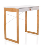 Scrivania bianca TAROLO II con un cassetto, maniglia in pelle marrone e gambe in legno di hjh LIVING – vista a 360° (vista frontale a tre quarti 45°)