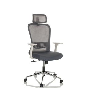 Sedia Home Office BELAIA W con rivestimento in rete grigia, poggiatesta e braccioli bianco-grigi di hjh OFFICE
