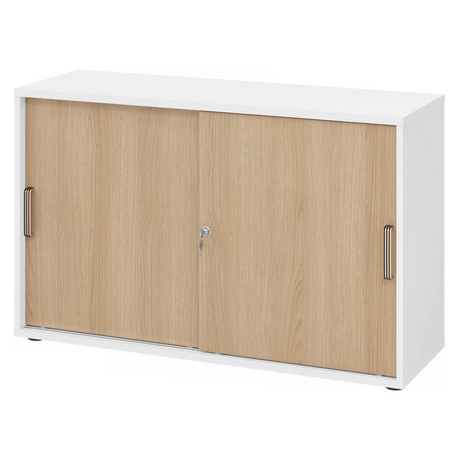 Armadio a ante scorrevoli BETA S 1752S in bianco e rovere con due ante scorrevoli e maniglie a strisce di hjh OFFICE PRO
