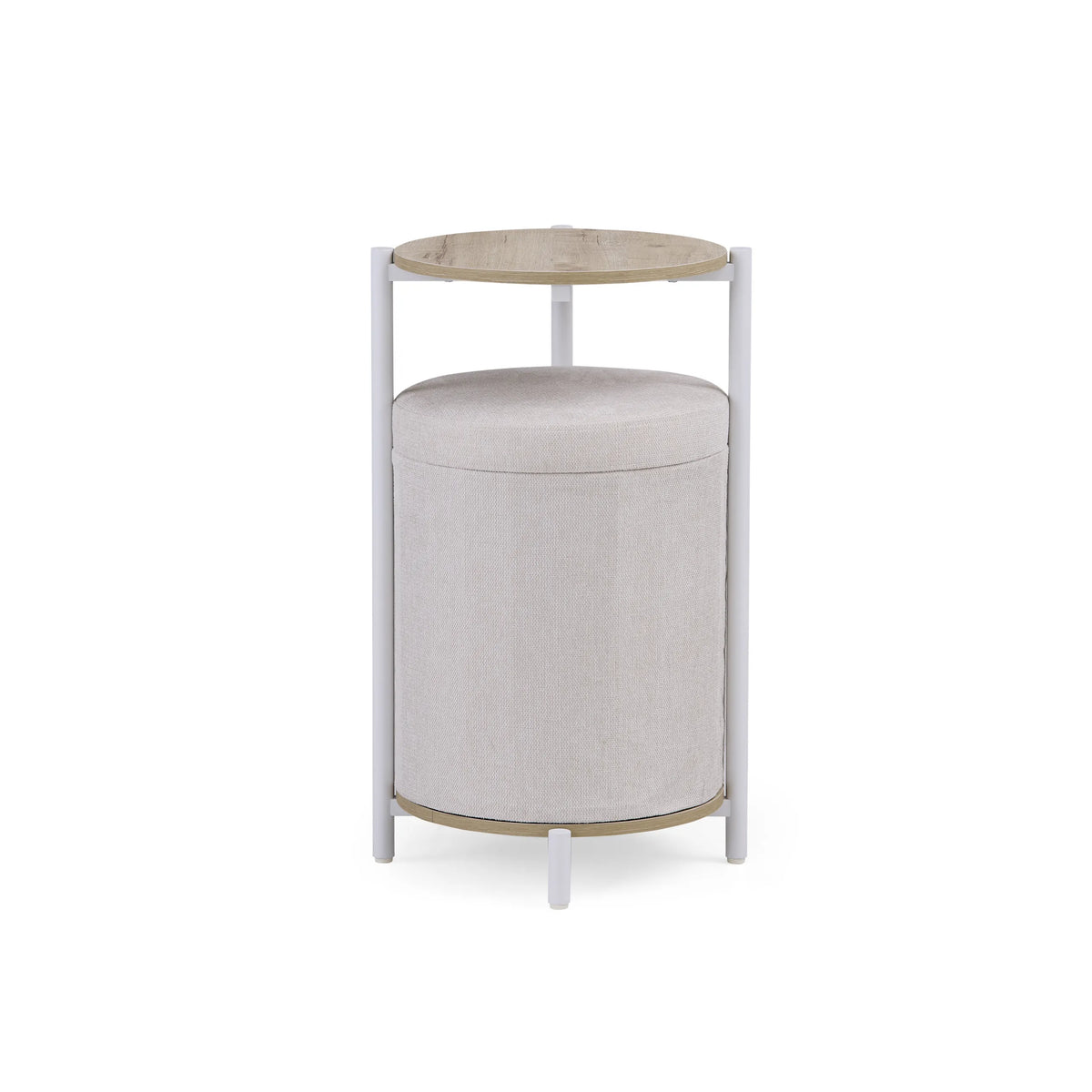 Tavolino Nestup 1 in bianco e rovere con piano rotondo e sgabello imbottito integrato di hjh LIVING – vista a 360° (vista frontale 0°)