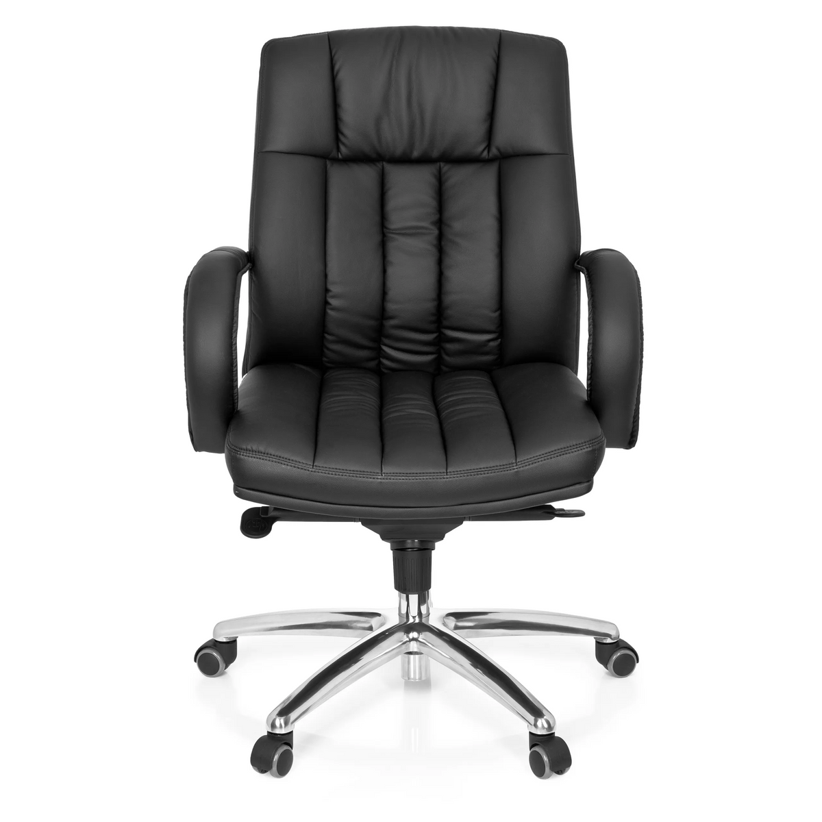 Sedia girevole XXL G 100 nera con imbottitura trapuntata e base a cinque ruote di hjh OFFICE – vista a 360° (vista frontale 0°)