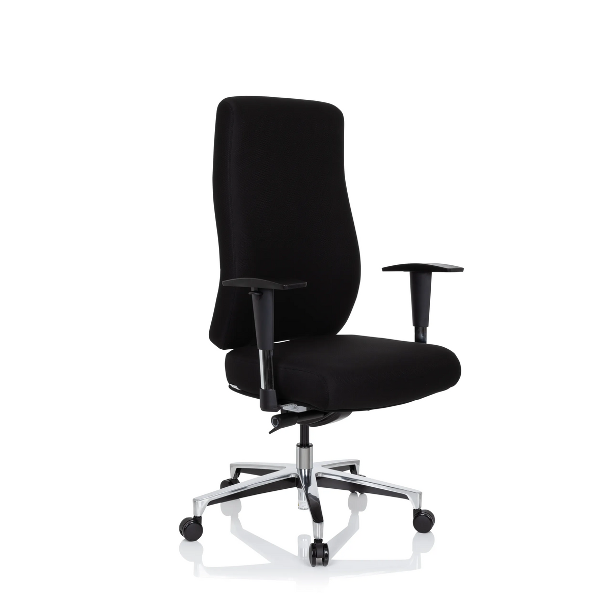 Sedia da ufficio professionale FORCOM nera con braccioli e base a cinque ruote di hjh OFFICE – vista a 360° (vista frontale a tre quarti 40°)