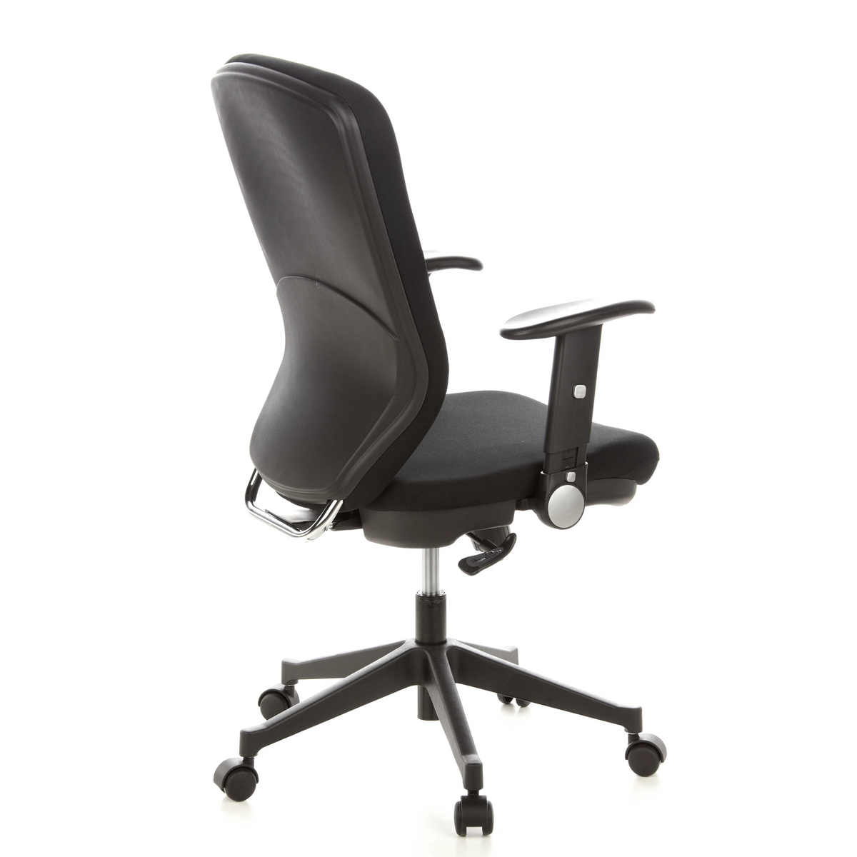 Sedia da ufficio professionale TRAFFIC 30 nera con braccioli e base a cinque ruote di hjh OFFICE – vista a 360° (vista posteriore a tre quarti 120°)