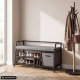 Scarpiera Estha Loft in nero e grigio con cuscino per seduta, due scomparti e un cesto in tessuto di hjh LIVING