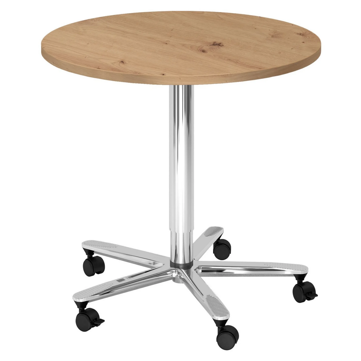 Sistema tavolo da conferenza BISTRO 80R C con piano rotondo in rovere nodoso, struttura cromata e ruote di hjh OFFICE PRO