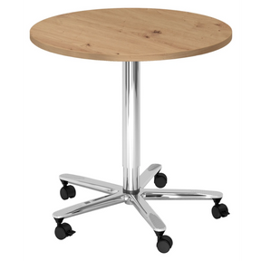 Sistema tavolo da conferenza BISTRO 80R C con piano rotondo in rovere nodoso, struttura cromata e ruote di hjh OFFICE PRO