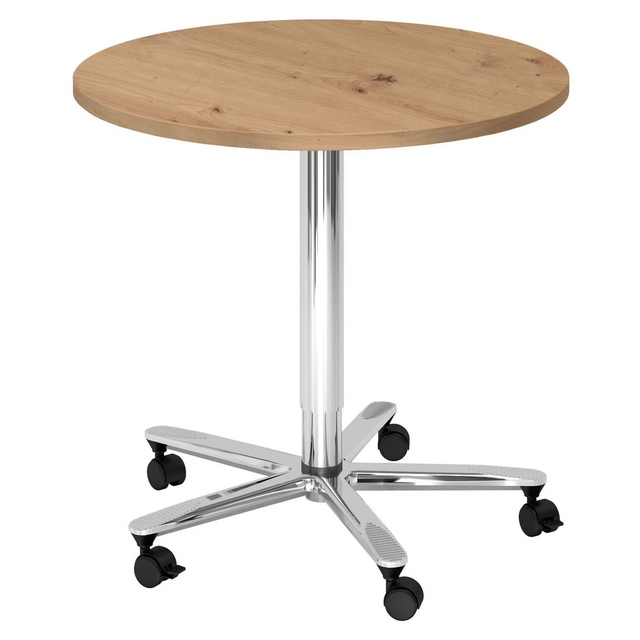 Sistema tavolo da conferenza BISTRO 80R C con piano rotondo in rovere nodoso, struttura cromata e ruote di hjh OFFICE PRO
