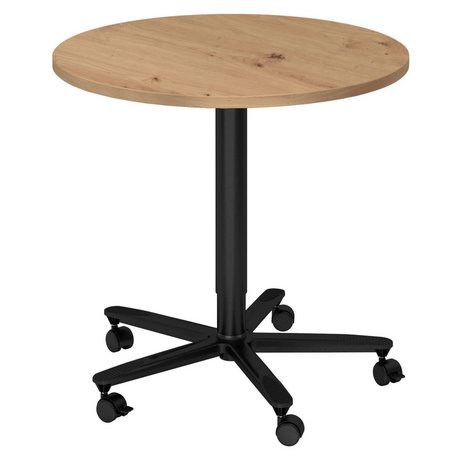 Tavolo da conferenza rotondo BISTRO 80R D con piano in rovere rustico e base nera su ruote di hjh OFFICE PRO
