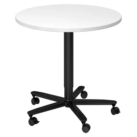 Tavolo da conferenza rotondo Sistema BISTRO 80R D con piano bianco, struttura nera e ruote di hjh OFFICE PRO